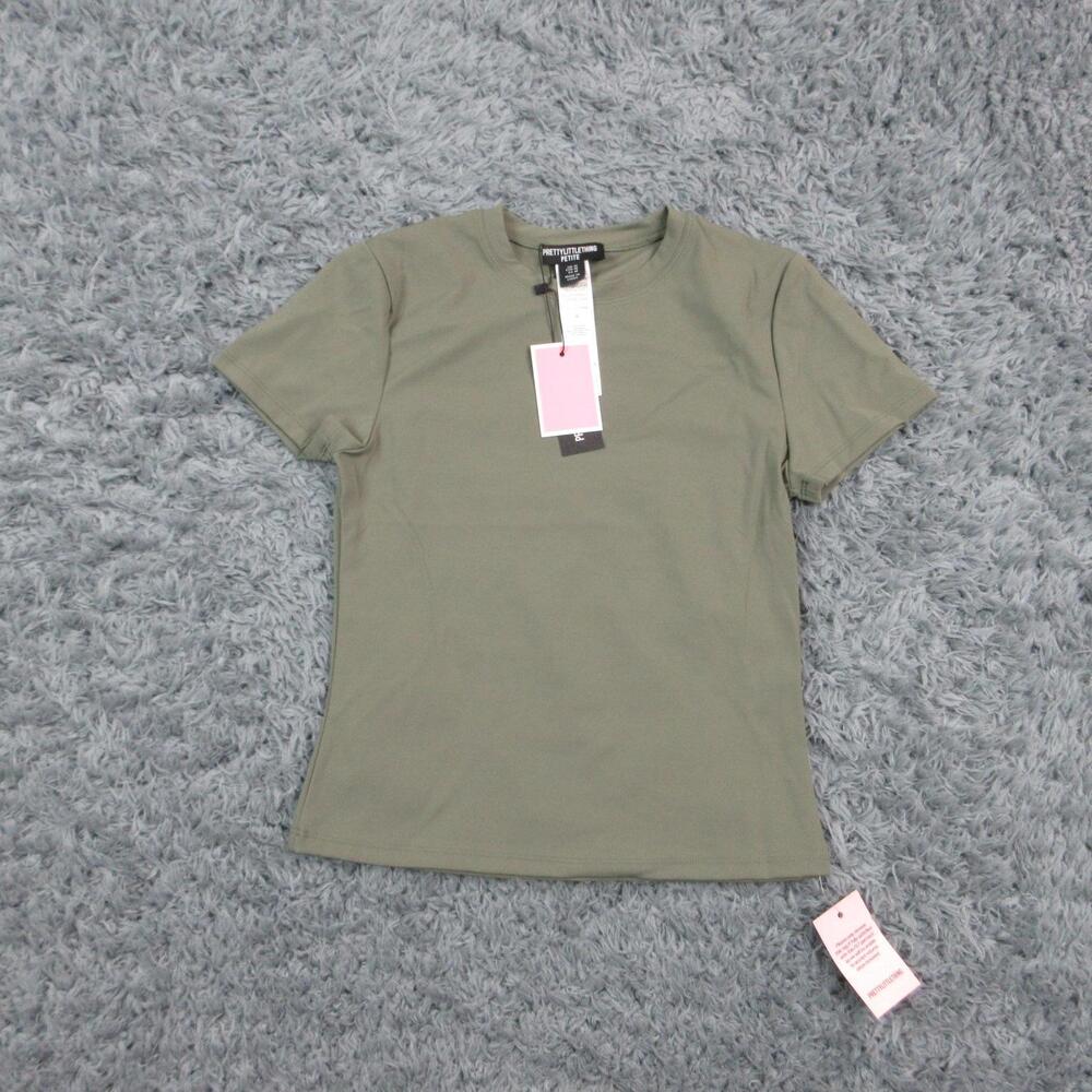 PrettyLittleThing Shirt Womens Medium Green Petite Sculpt Short Sleeve Top NWT